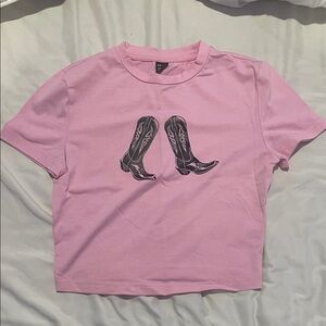 Pink Graphic Tee with Boots Design